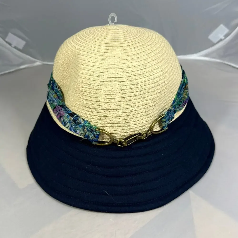 Badgley Mischka Straw Bucket Hat Navy Natural Scarf Band NWT OS